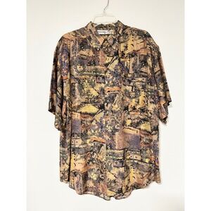 Thums Up For Him Mens Large 100% Silk Abstract Paisley Button Down Shirt Vintage